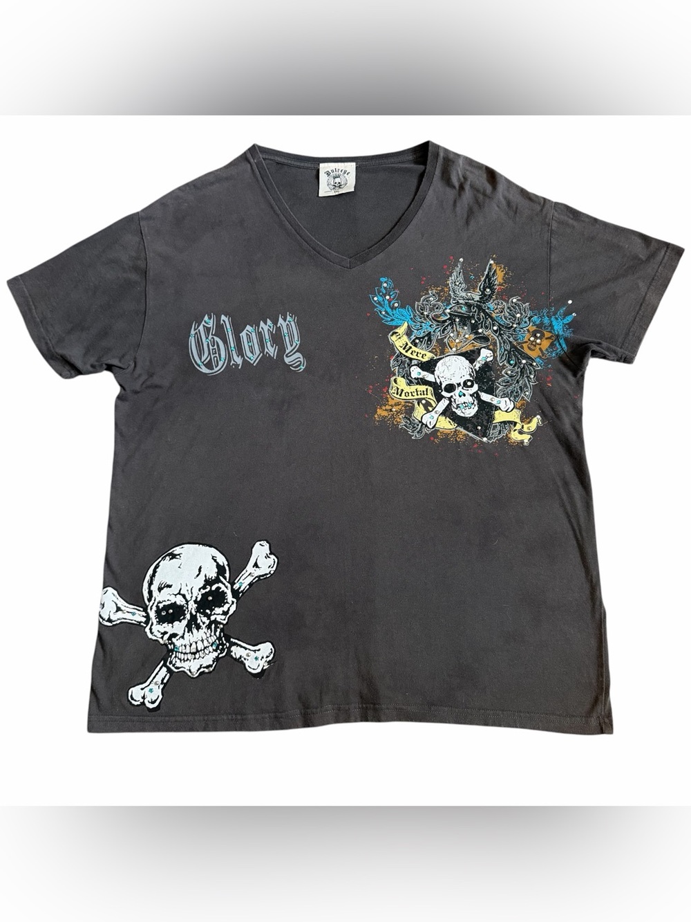 VTG Bulzeye Y2K Graphic Tee Shirt Mens Sz XXL Grey Skull Crossbones Death Glory